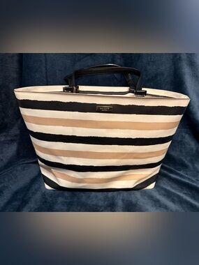 Kate Spade Grant Jules Vinyl Black, White & Tan Striped Zipper Tote